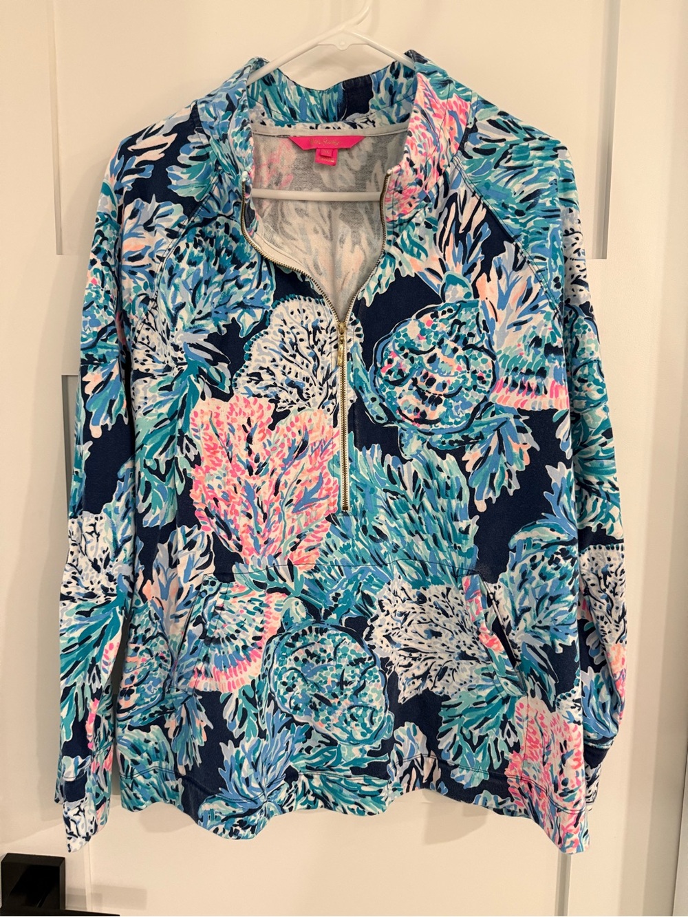 Lilly Pulitzer Navy Pink Aqua Coral-Print Half-Zip Swim Coverup